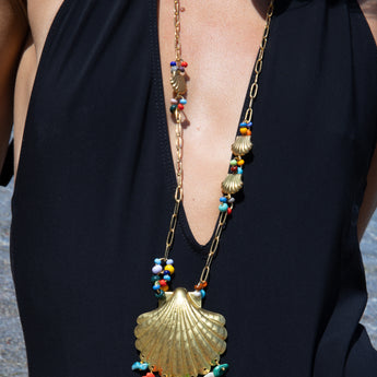 Katerina Psoma Gold scallop shell necklace with colorful beads 