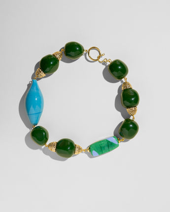Katerina Psoma shor necklace with green beads and blue murano glass