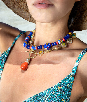 Katerina Psoma Colorful beaded necklace with a gold chain and trade beads