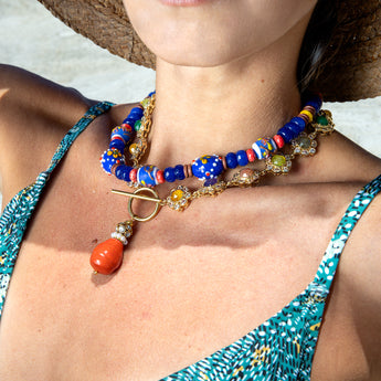Katerina Psoma Colorful beaded necklace with a gold chain and trade beads
