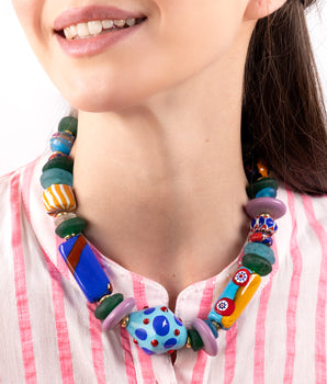 Katerina Psoma Blue Short Necklace with murano and trade beads