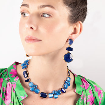 katerina psoma blue dangle earrings and blue short necklace