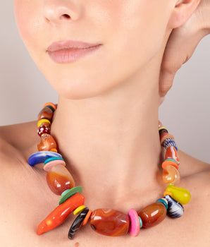 Katerina Psoma Carnelian Necklace with coral and trade beads