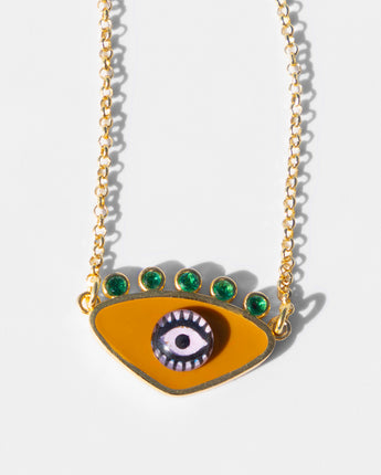 Katerina Psoma gold plated metal evil eye necklace mustard