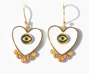 Katerina Psoma White Evil Eye Heart Earrings