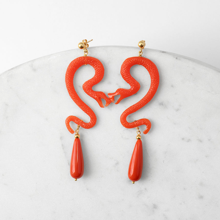 katerina psoma coral statement snake earrings with drops