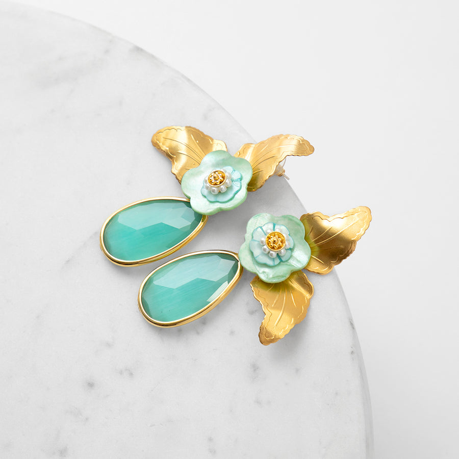 Katerina Psoma Dangle Earrings with Green Drops and gold plated flowers