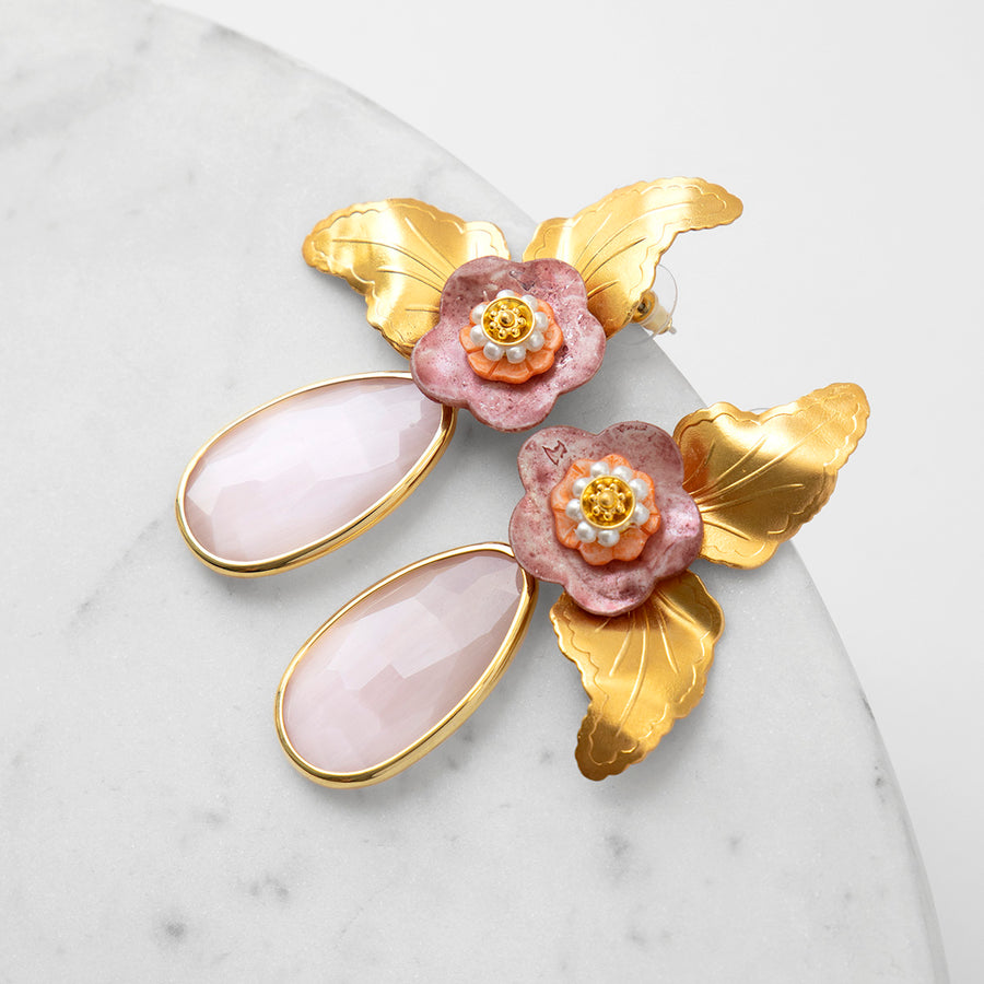 Katerina Psoma Dangle Earrings with Pink Drops gold plated flowers