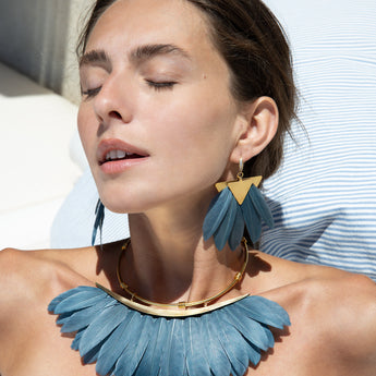 Katerina Psoma Necklace with gold hoop and grey  feathers 