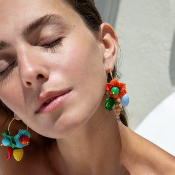 Katerina Psoma Colorful hoop earrings with floral and fruit designs 