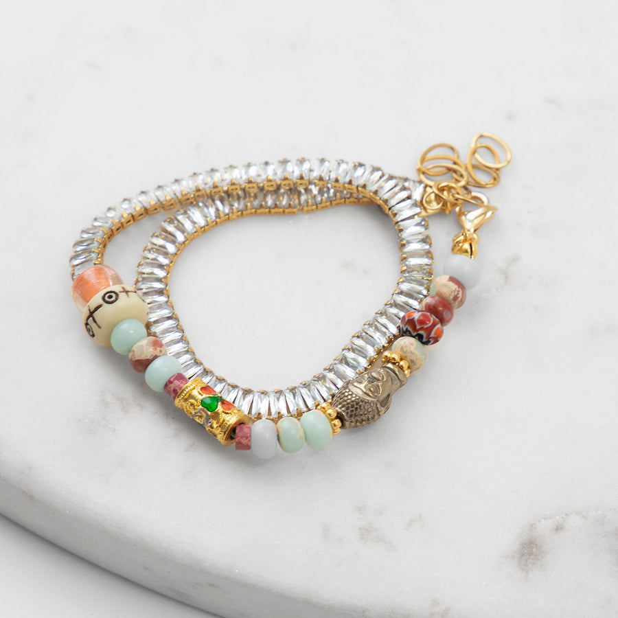 Katerina Psoma double row bracelet with crystals and agate gold plated