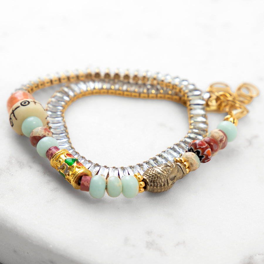 Katerina Psoma double row bracelet with crystals and agate bohemian style