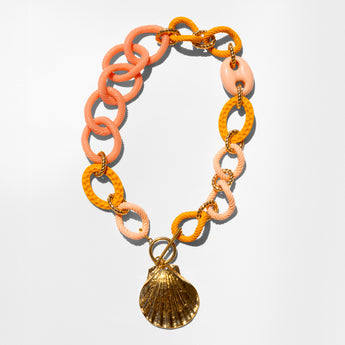 Katerina Psoma Necklace with orange and pink links and a gold shell charm 
