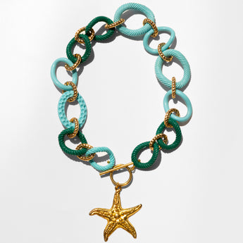 Katerina Psoma Necklace with green and turquoise rope links and a gold starfish charm 