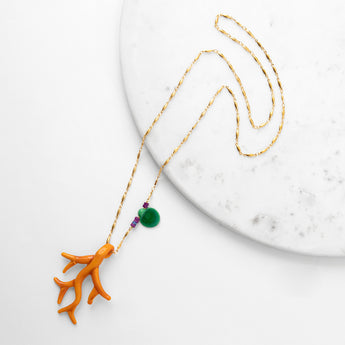 Katerina Psoma Long Murano Coral Chain Pendant Necklace in Orange