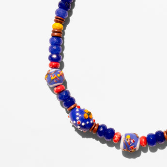 Katerina Psoma Colorful beaded necklace with a gold chain and trade beads