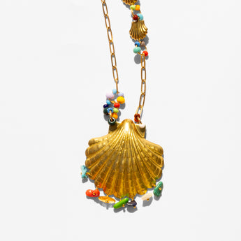 Katerina Psoma Gold scallop shell necklace with colorful beads 