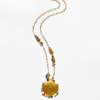 Katerina Psoma Gold scallop shell necklace with colorful beads 