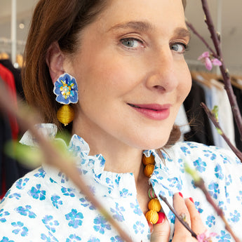 Katerina Psoma x Nimo Blue fabric clip earrings with raffia beads