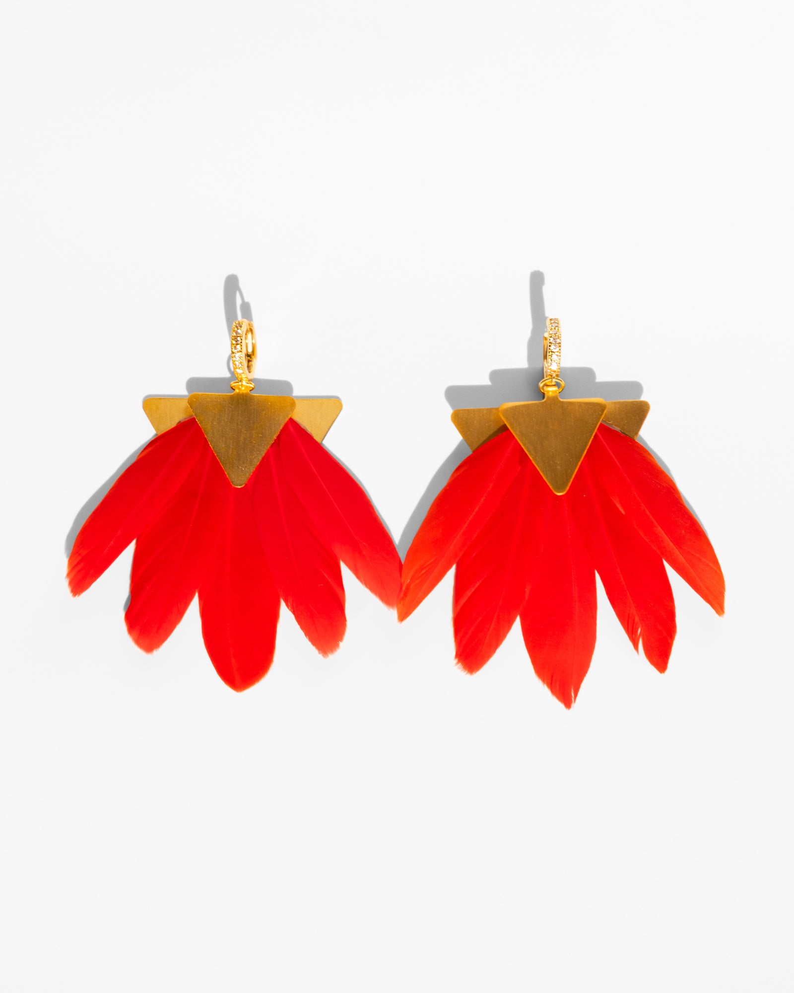 Katerina Psoma gold plated metal earrings with red feathers