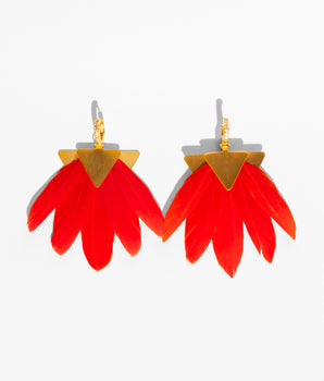 Katerina Psoma gold plated metal earrings with red feathers