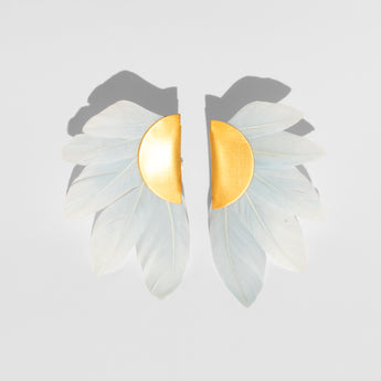 Katerina Psoma gold plated metal clip earrings with light blue feathers