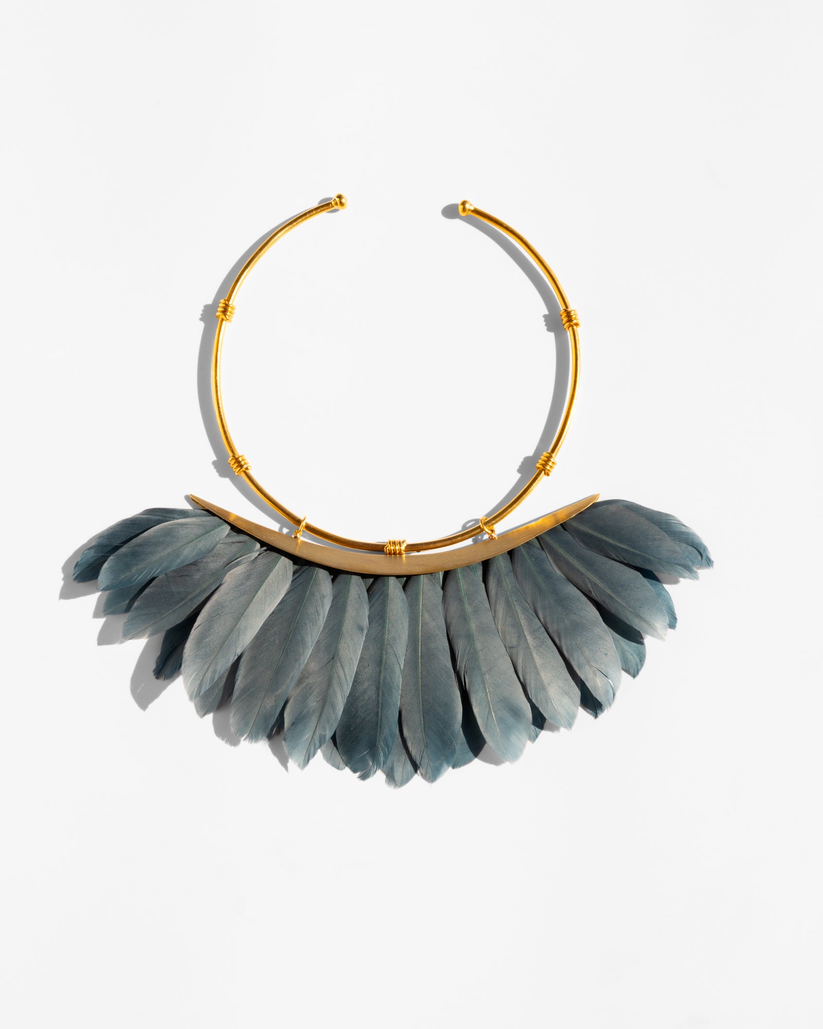 Katerina Psoma Necklace with gold hoop and grey  feathers 