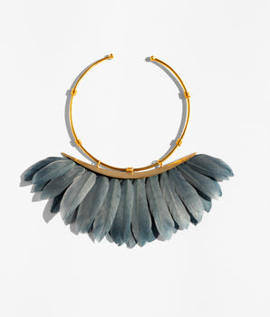 Katerina Psoma Necklace with gold hoop and grey  feathers 