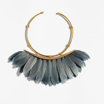Katerina Psoma Necklace with gold hoop and grey  feathers 