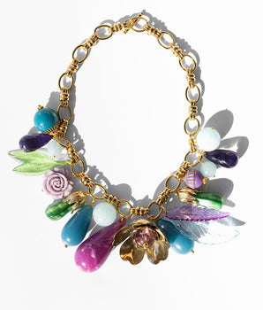 Katerina Psoma short chain necklace with vintage acrylic leaves flowers and drops