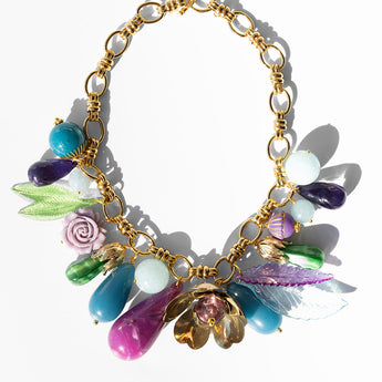 Katerina Psoma short chain necklace with vintage acrylic leaves flowers and drops