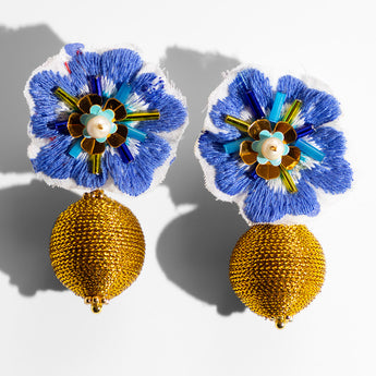 Katerina Psoma Blue fabric clip earrings with raffia beads
