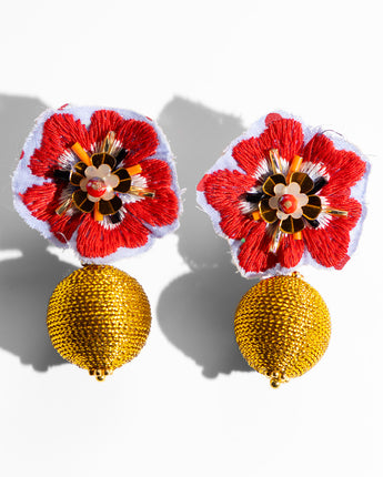 Katerina Psoma Red fabric clip earrings with raffia beads