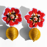 Katerina Psoma Red fabric clip earrings with raffia beads