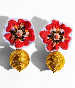 Katerina Psoma Red fabric clip earrings with raffia beads