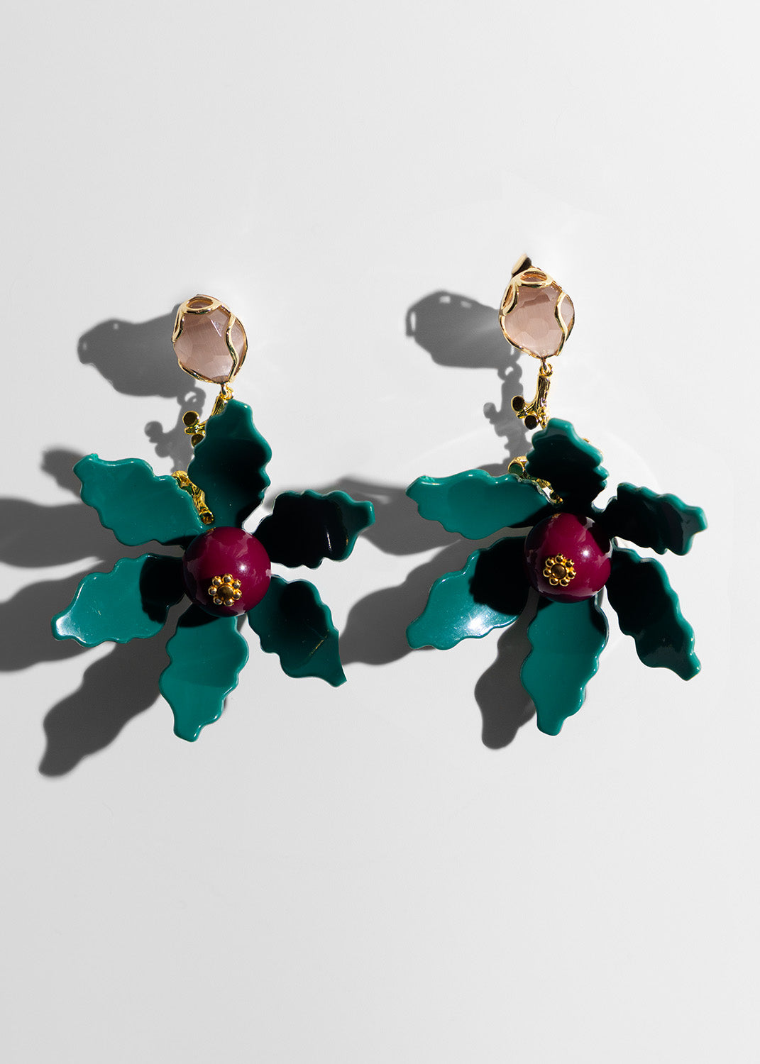 Katerina psoma Floral dangle earrings with teal, black, and pink colors 