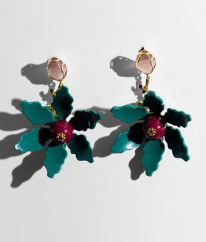 Katerina psoma Floral dangle earrings with teal, black, and pink colors 