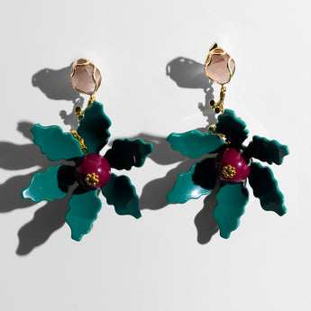 Katerina psoma Floral dangle earrings with teal, black, and pink colors 