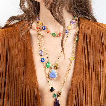 Katerina Psoma long Gold necklace with amethyst and stones