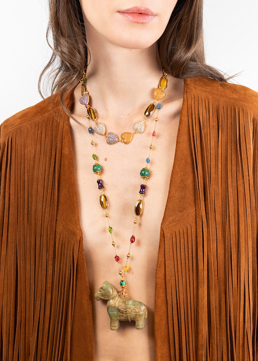 Katerina Psoma Necklace with a jade horse pendant and semiprecious stones