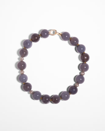 Katerina Psoma Cashmere necklace — grey agate beads with vintage agate accents and a pavé gold clasp