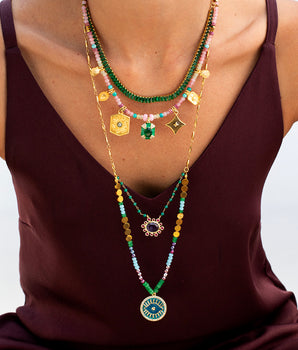 Katerina Psoma Evil Eye Double Row Necklace gold plated chain semiprecious stones