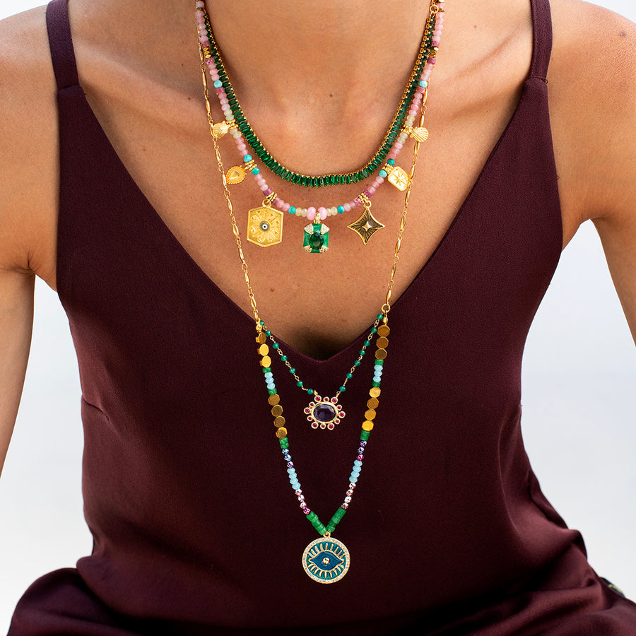 Katerina Psoma Evil Eye Double Row Necklace gold plated chain semiprecious stones