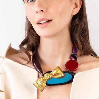 Katerina Psoma  Colorful short necklace with beads and a gold bow 