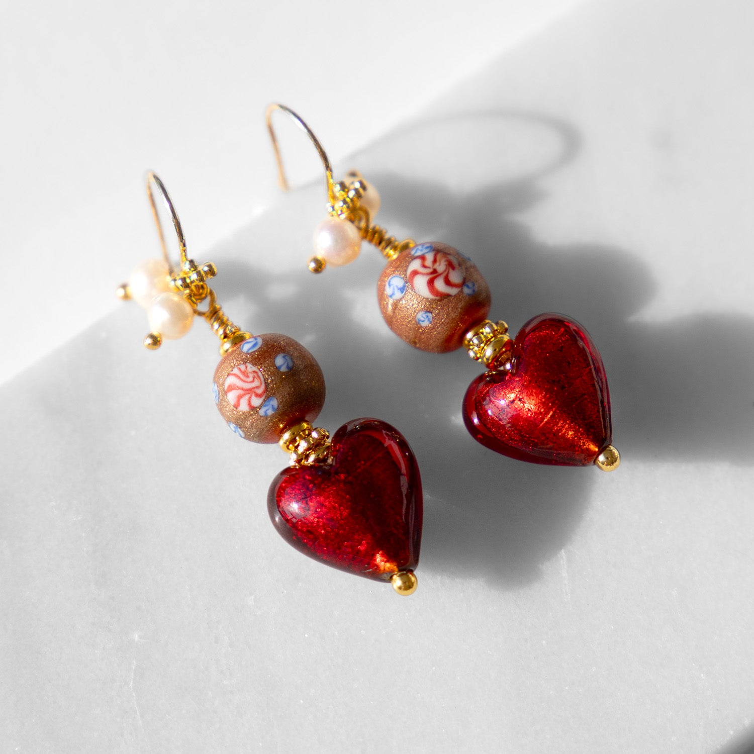 Katerina Psoma Zoe Earrings with Murano Heart Beads in Red