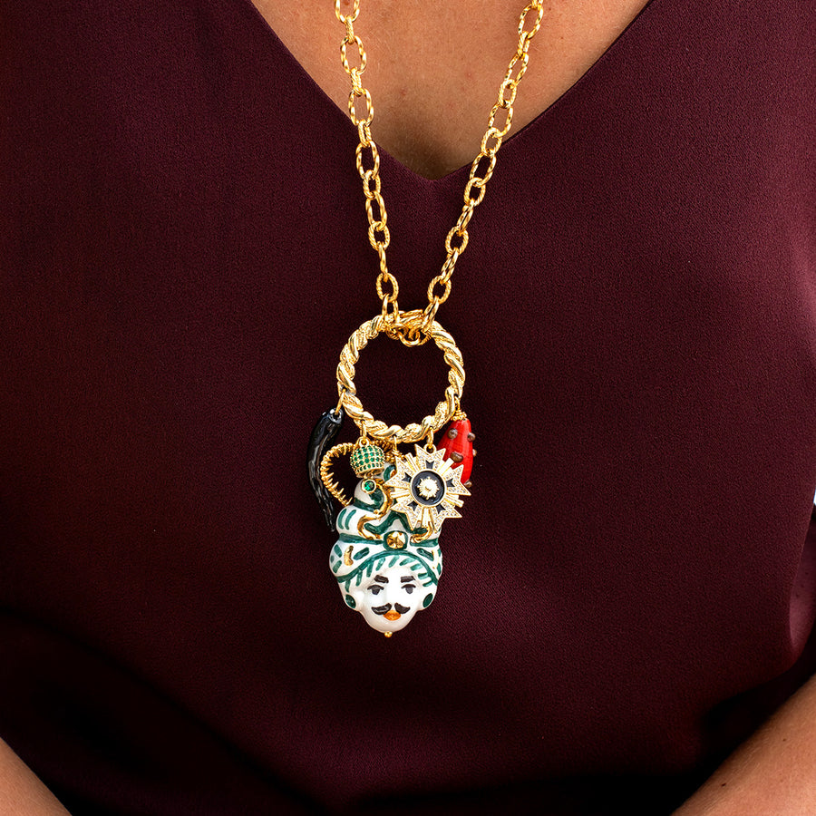 Katerina Psoma Long Charm Necklace gold plated chain and ceramics