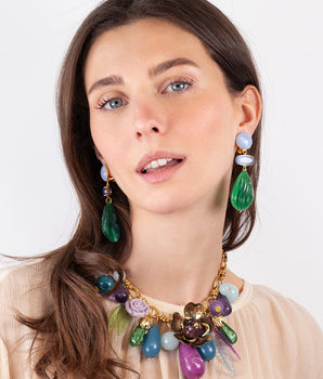 Katerina Psoma short chain necklace with vintage acrylic leaves flowers and drops