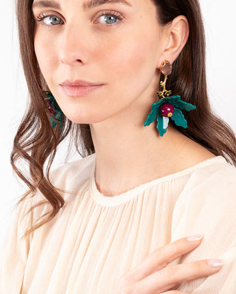 Katerina psoma Floral dangle earrings with teal, black, and pink colors 