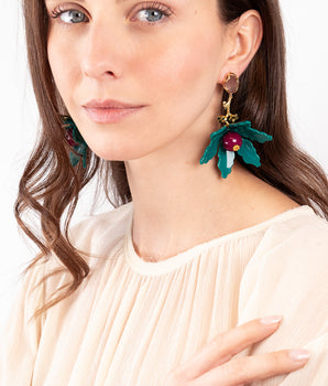 Katerina psoma Floral dangle earrings with teal, black, and pink colors 