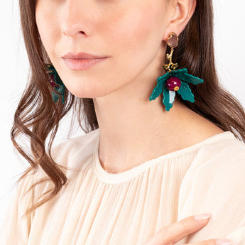 Katerina psoma Floral dangle earrings with teal, black, and pink colors 